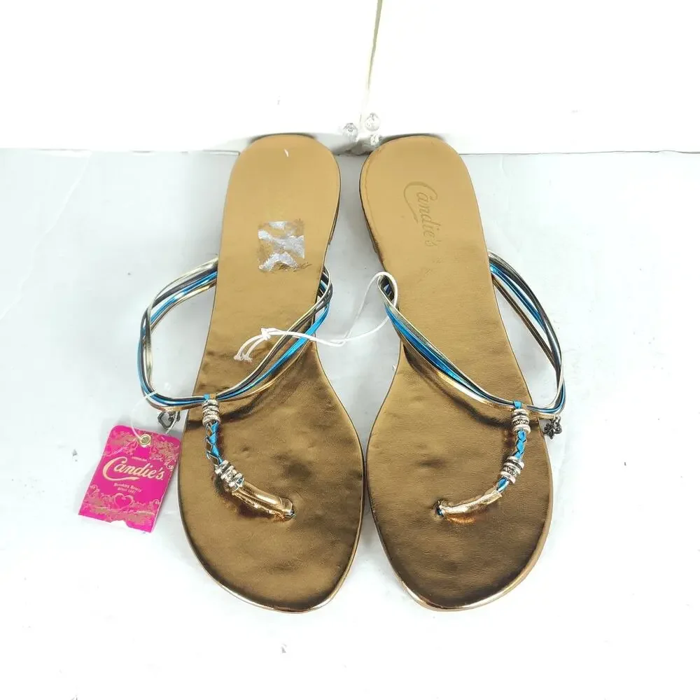 Candies Women's Y2K Vtg US 9-10 Bronze Flat Flip Flops Thong Sandals NWT